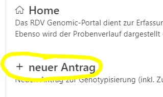  Klicken Sie im Home Bereich im mittleren Bereich der Seite direkt auf die Überschrift neuer Antrag 