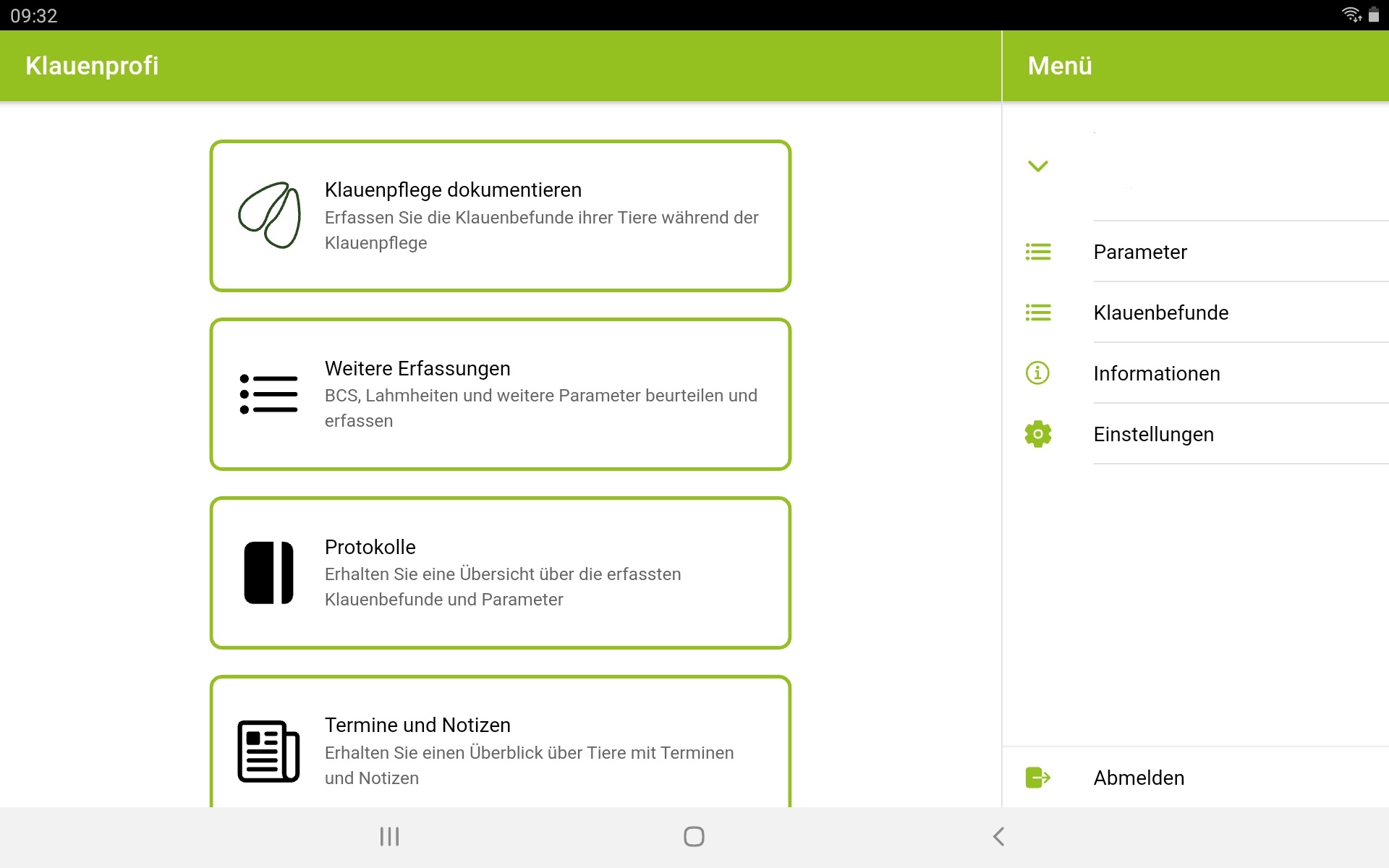 Klauenprofi Startmenü in der Tablet Ansicht